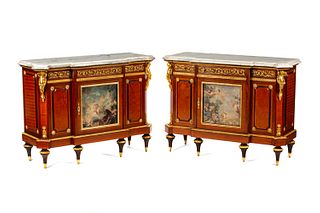 A Pair of Louis XVI Style Gilt Bronze and Porcelain Mounted Marble-Top Cabinets