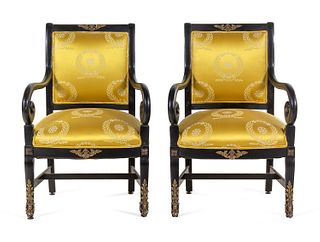 A Pair of Directoire Style Scalamandre Upholstered Ebonized Fauteuils