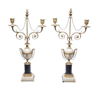 A Pair of Directoire Gilt Bronze, Alabaster and Marble Two-Light Candelabra