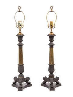 A Pair of Empire Style Bronze Candlesticks Mounted as Lamps