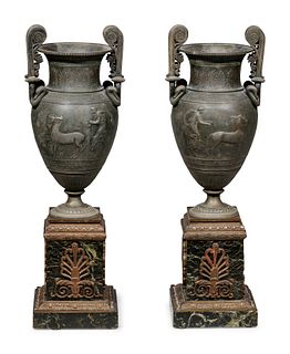 A Pair of Empire Style Patinated Metal and Marble Urns