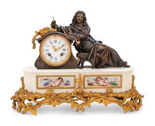 A French Porcelain Mounted Gilt and Patinated Bronze Figural Clock