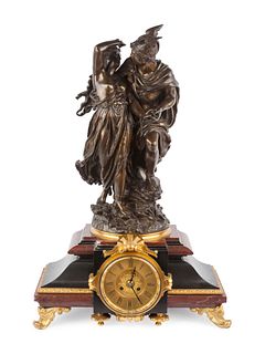 A French Gilt and Patinated Bronze and Marble Mantel Clock