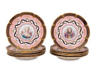A Set of Twelve Sevres Style Porcelain Plates Depicting Courtiers of Louis XV