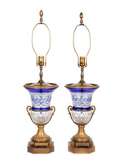 A Pair of French Gilt Bronze Mounted Cut Cobalt and Clear Glass Urns Mounted as Lamps