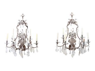 A Pair of Maison Bagues Silvered Metal, Rock Crystal and Glass Six-Light Sconces
