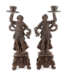 Two Neapolitan Carved and Painted Figural Pricket Sticks