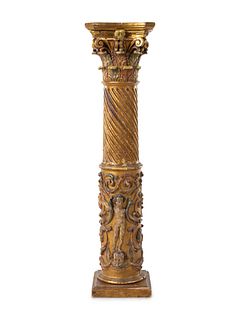 A Neoclassical Gilt and Polychrome Decorated Carved Wood Column