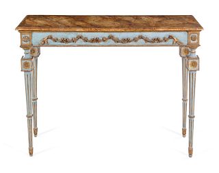An Italian Carved, Painted and Parcel Gilt Faux Marble-Top Console Table