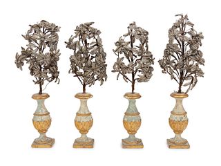 A Set of Four Continental Painted and Parcel Gilt Wood Vases Issuing Beaded Models of Flowering Trees