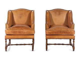 A Pair of William and Mary Style Leather-Upholstered Wingback Armchairs