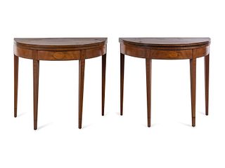 A Pair of George III Style Mahogany and Marquetry Flip-Top Tables 
