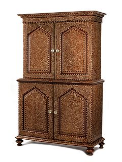An Anglo-Colonial Bone Inlaid Two-Part Cabinet