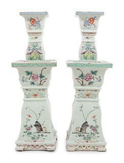 A Pair of Famille Verte Porcelain Candlesticks