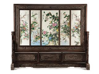 A Chinese Export Porcelain and Carved Hardwood Five-Panel Floor Screen