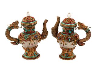 A Pair of Jeweled Gilt Filigree and Rock Crystal Teapots