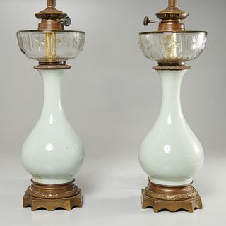 Pair French bronze mounted porcelain fluid lamps