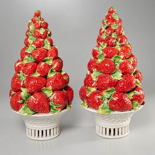 Pair Italian ceramic strawberry topiaries