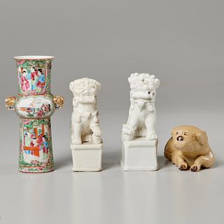 Chinese porcelain joss stick holders, vase & dog