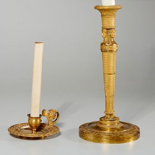 (2) nice Continental gilt bronze candlestick lamps