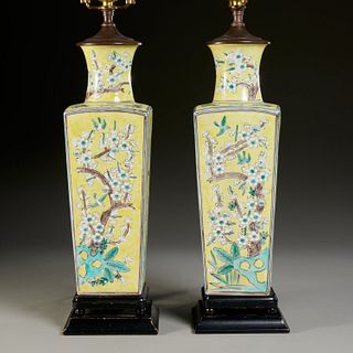 Pair famille jaune squared vase lamps