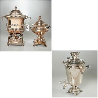 (3) antique silver plated hot water urns