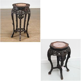(2) Chinese marble inset hardwood stands