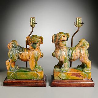 Pair Chinese sancai foo dogs mounted as lamps