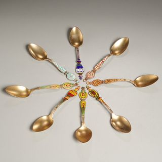 (8) rare ornate enameled sterling teaspoons
