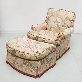 Designer Chinoiserie club chair and ottoman