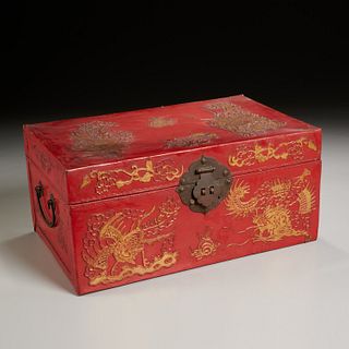 Chinese small red lacquered leather chest
