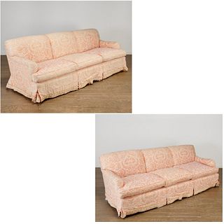 Pair custom damask upholstered sofas