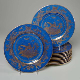 Set (12) Wedgwood gilt peacock plates