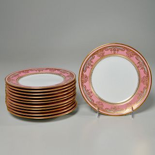 Set (12) Spode Copeland pink banded gilt plates