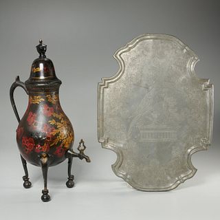 Antique pewter coffee urn & engraved tray