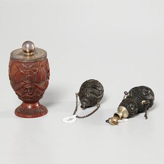 (3) French 18th c. carved mini powder flasks & jar