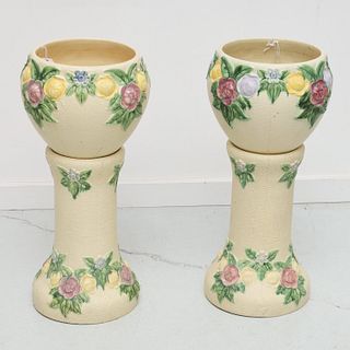 Pair Roseville art pottery jardiniere & pedestals