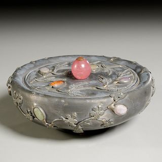 Chinese Export hardstone inlaid pewter lidded bowl