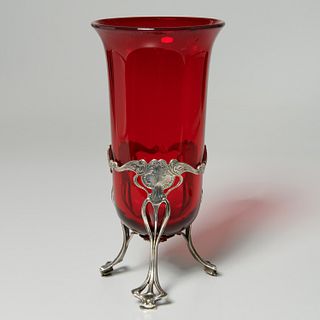 Art Nouveau sterling mounted ruby glass vase
