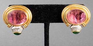 18K Gold Pink & Green Tourmaline Diamond Earrings