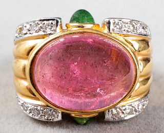 18K Gold Pink & Green Tourmaline Diamond Ring