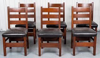Stickley Oak And Black Leather Dining Chairs, 6