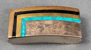 Taxco Silver/Base Metal Onyx Turquoise Belt Buckle