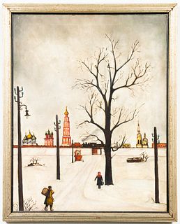 Folk Art Russian Winter Scene Oil on Canvas