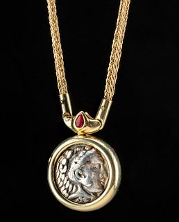 14K Gold Necklace w/ Silver Alexander Coin & Ruby