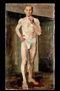 Signed William Draper Painting - Man in Underwear, 1934