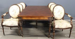 Antique Walnut Dining Table, 4 Leaves & 6 Chairs.