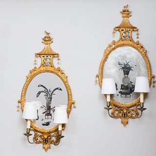 Pair of English Chinoiserie Brass-Mounted Giltwood and Reverse Painted Mirror Two-Light Sconces
