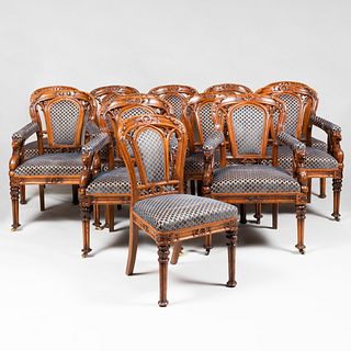 Fine Set of Twelve English Neo-Gothic Carved Oak Dining Chairs, in the manner of A.W.N. Pugin