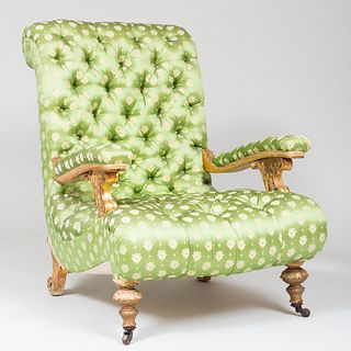 Large Victorian Giltwood and Tufted Silk Upholstered Armchair
